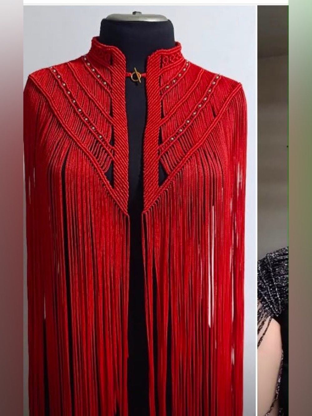 Red Fringe Statement Shawl Cape with Stud Accents